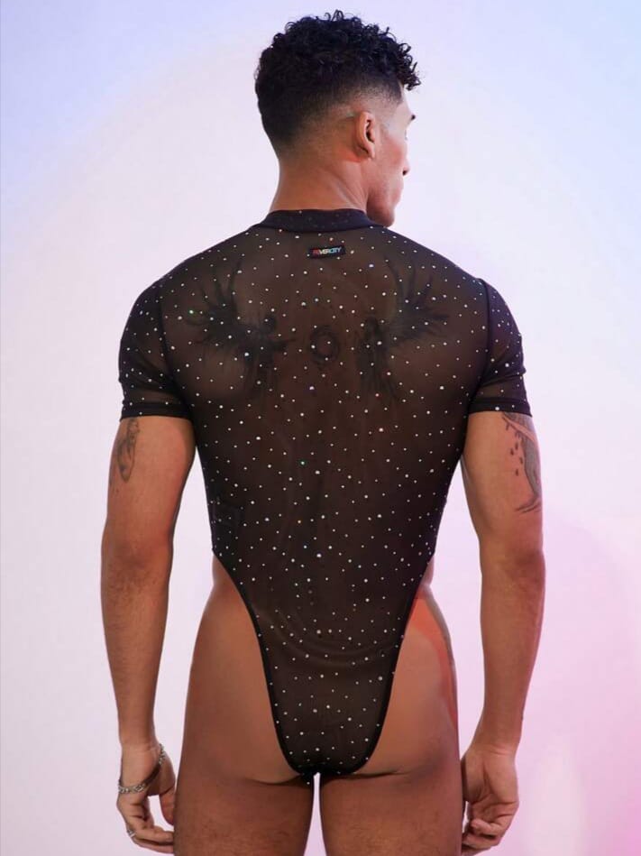 Bonga Boys Men's Sheer Mesh Overalls Rhinestone Bodysuit